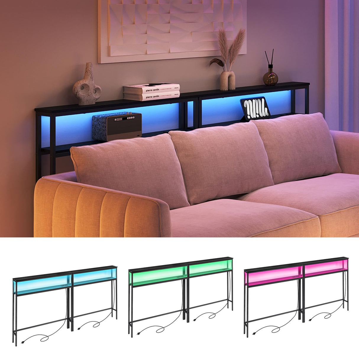 ELYKEN 2 Pack 5.9" Narrow 2-Tier Console Sofa Table with LED Strip Light, 5.9" Dx39.4”Wx39.4”H Long Behind Couch Table with Charge Station, Skinny Table with 6.5’ Extension Cord, Black ELYKEN