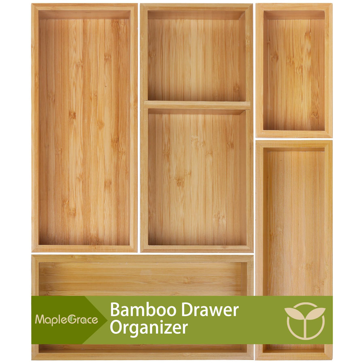 Bamboo Drawer Organizer Set, 5 PCS Multi-Use Individual Wood Storage Organizers, Junk Drawer Divider and Storage Trays Containers for Kitchen, Bathroom, Office Desk, Makeup, Jewelry, Utensils MapleGrace