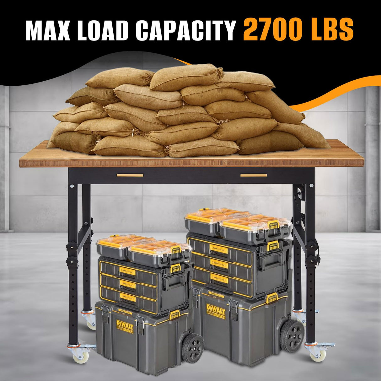 60" Adjustable Work Bench with Drawer Storage, Power Outlet, and Wheels - Heavy Duty Work Table for Home, Garage, and Office - Sturdy Steel Frame with Solid Bamboo Table Top - 2700 lbs Capacity HONRISE