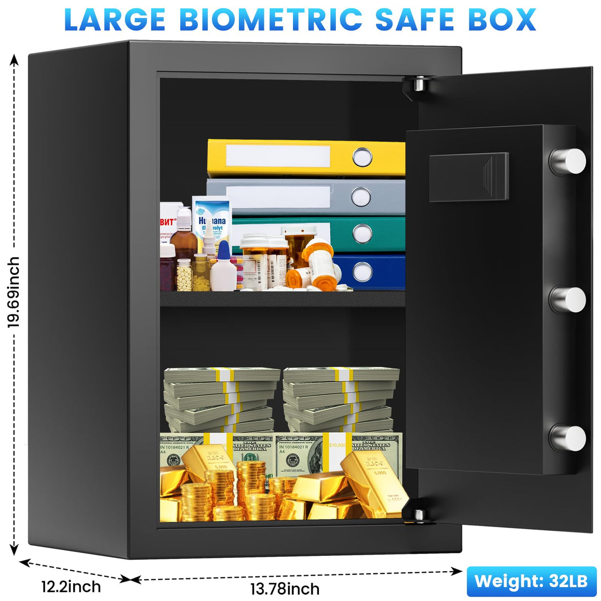 3.0 Cuft Large Biometric Safe Box, Personal Safes for Home Use Fire and Water Proof with Fingerprint Lock, Fireproof Safe with Fireproof Waterproof Bag, Security Safety Box for Home Office Mitlvge