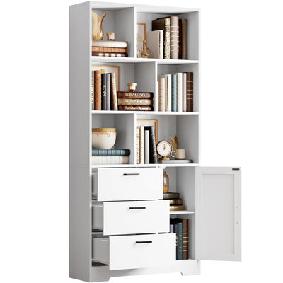 IRONCK Bookshelf with Drawers, 70.9 inch Tall Bookcase with Doors, Bookshelves and Bookcases with Storage, Bookshelf with 6 Open Cubes for Home Office, Living Room, Study, White