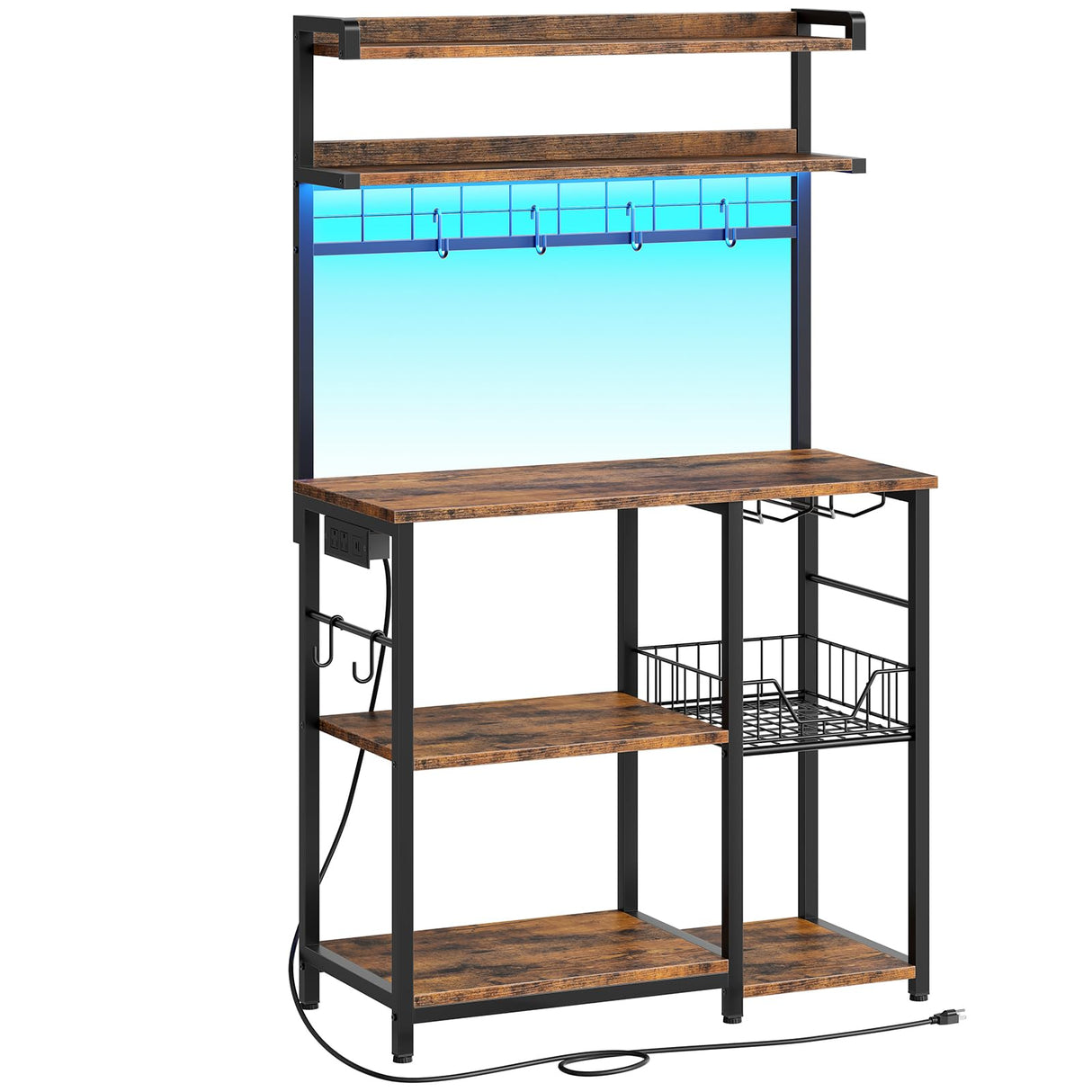 HOOBRO Bakers Rack with Power Outlet, 5 Tiers Coffee Bar with LED Light, Microwave Stand with Wire Basket & Wine Holders, Kitchen Storage Shelf with 6 S-Shaped Hooks, Rustic Brown and Black BF21UDHB01 HOOBRO