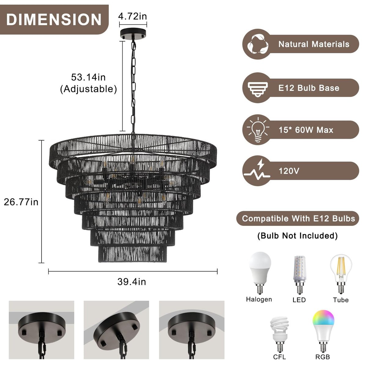 YOMECOO 39.4“ Large Hand-Woven Rattan Chandelier Vintage Farmhouse 15-Lights Boho Bamboo Black Chandeliers Light Fixture Retro Drum Wicker Rattan Chandelier for Dining Room, Living Room, Kitchen, E12 YOMECOO