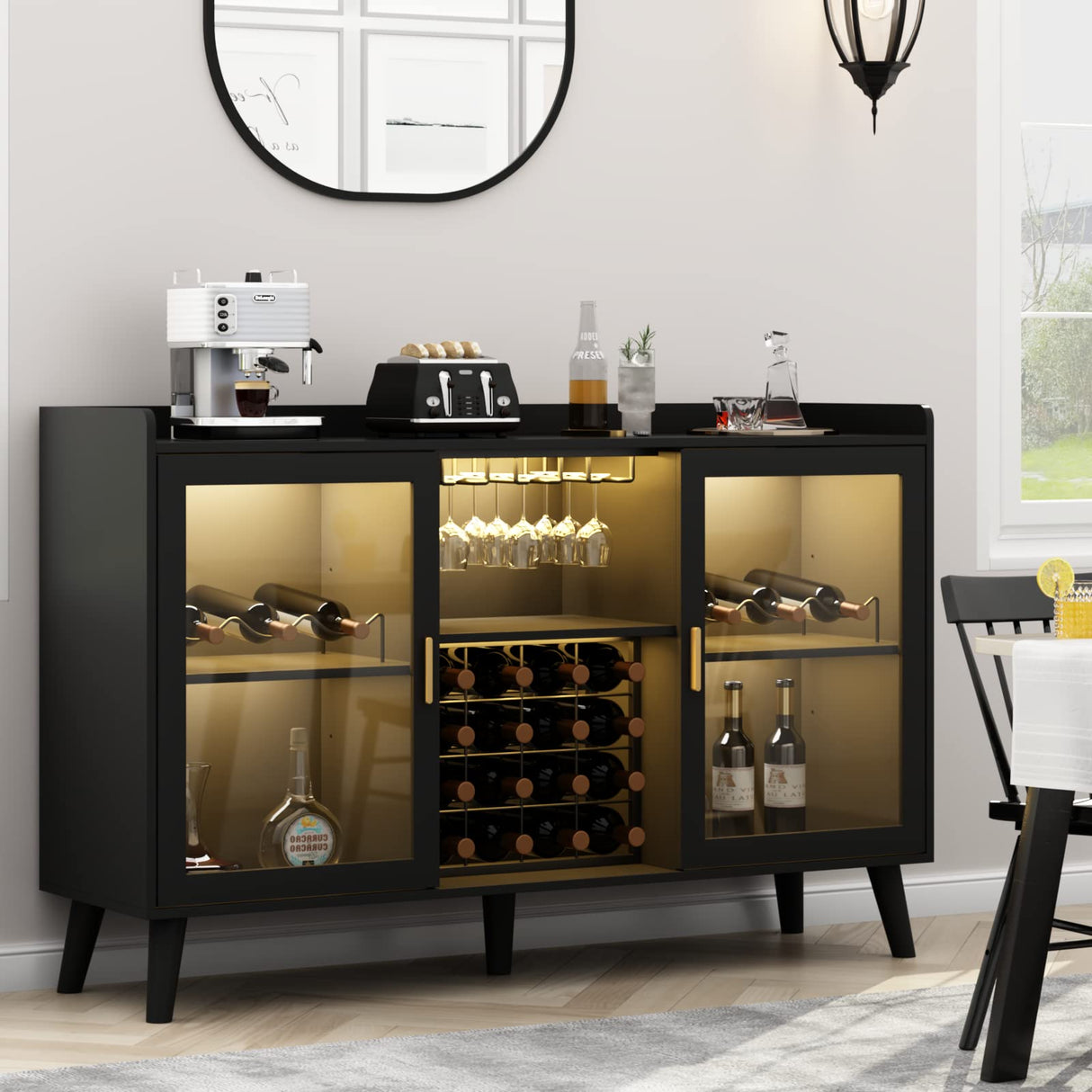 GYFIMOIE Modern Wine & Cocktail Cabinet with LED Light, Home Bar w Wine Rack and Glass Holder, Kitchen Buffet with Storage, Freestanding Liquor Cabinet (Black) Gyfimoie