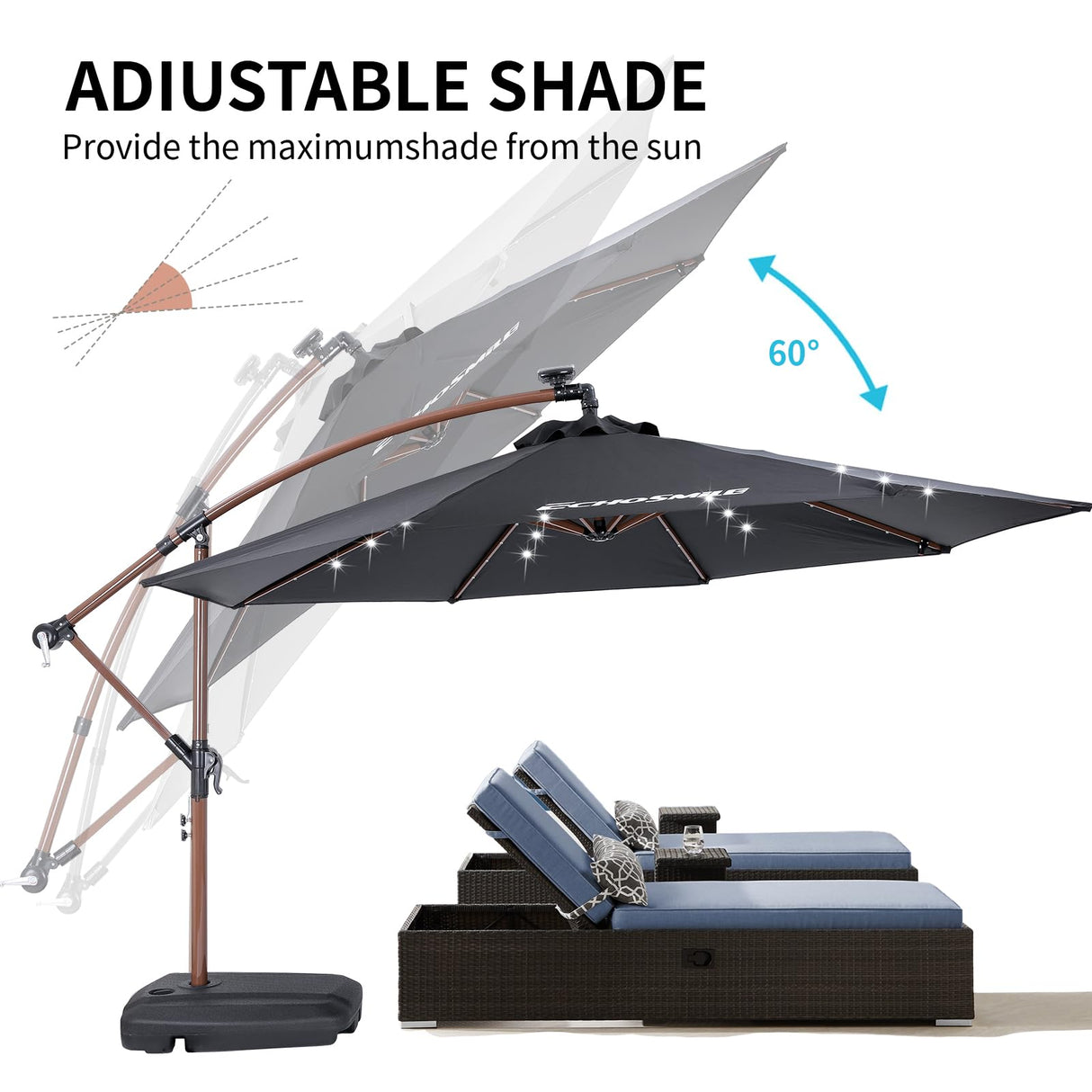 EchoSmile 10FT Solar Cantilever Patio Umbrella with 32 LED Lights and 8 Ribs, Cross Base, Tilt Adjustment, UV-resistant fabric for Deck, Pool, Garden, Backyard, Black EchoSmile