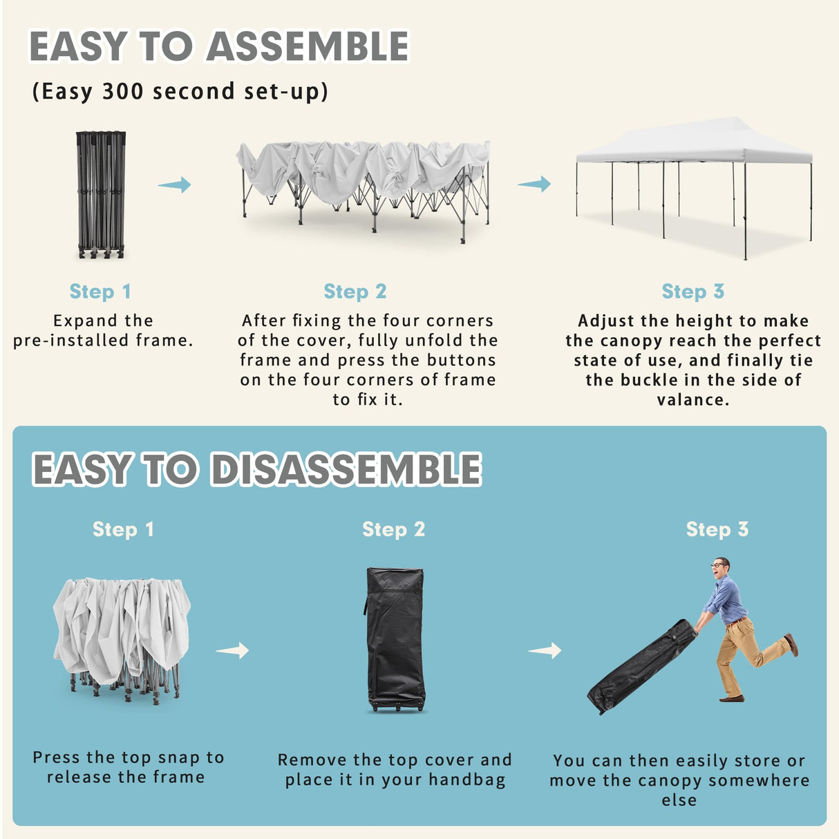 EROMMY 10' x 30' Pop Up Canopy Tent, Commercial Instant Canopy Heavy Duty with Roller Bag, 8 Sand Bags, 8 Wind Ropes & Ground Nails, Outdoor Canopies for Party Festival Event Wedding Camping EROMMY