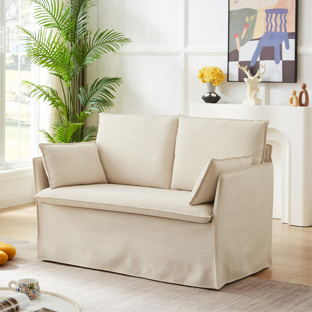 Sivoey Slipcovered Loveseat Sofa, 52" Small Couch with Throw Pillows, Single Seat Cushion, Easy Assembly, Modern Loveseat Sofa for Living Room, Office, Apartment, Small Space, Beige Sivoey