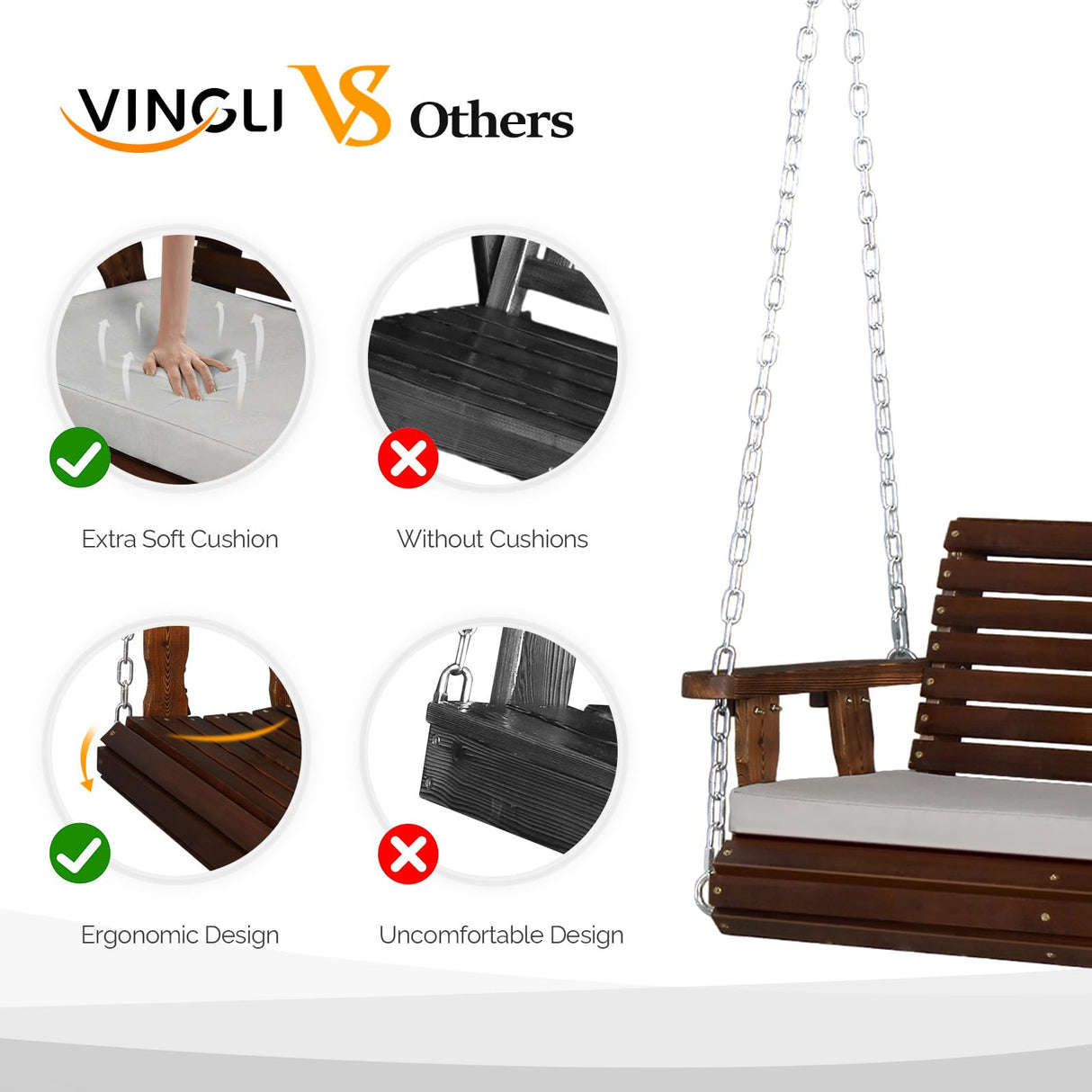 VINGLI Heavy Duty 880 LBS Patio Wooden Porch Swing Outdoor with Extra Cushion, Farmhouse Hanging Bench Tree Swing with Adjustable Chains for Yard | Garden | Lawn | Balcony (5 FT, Rustic) VINGLI