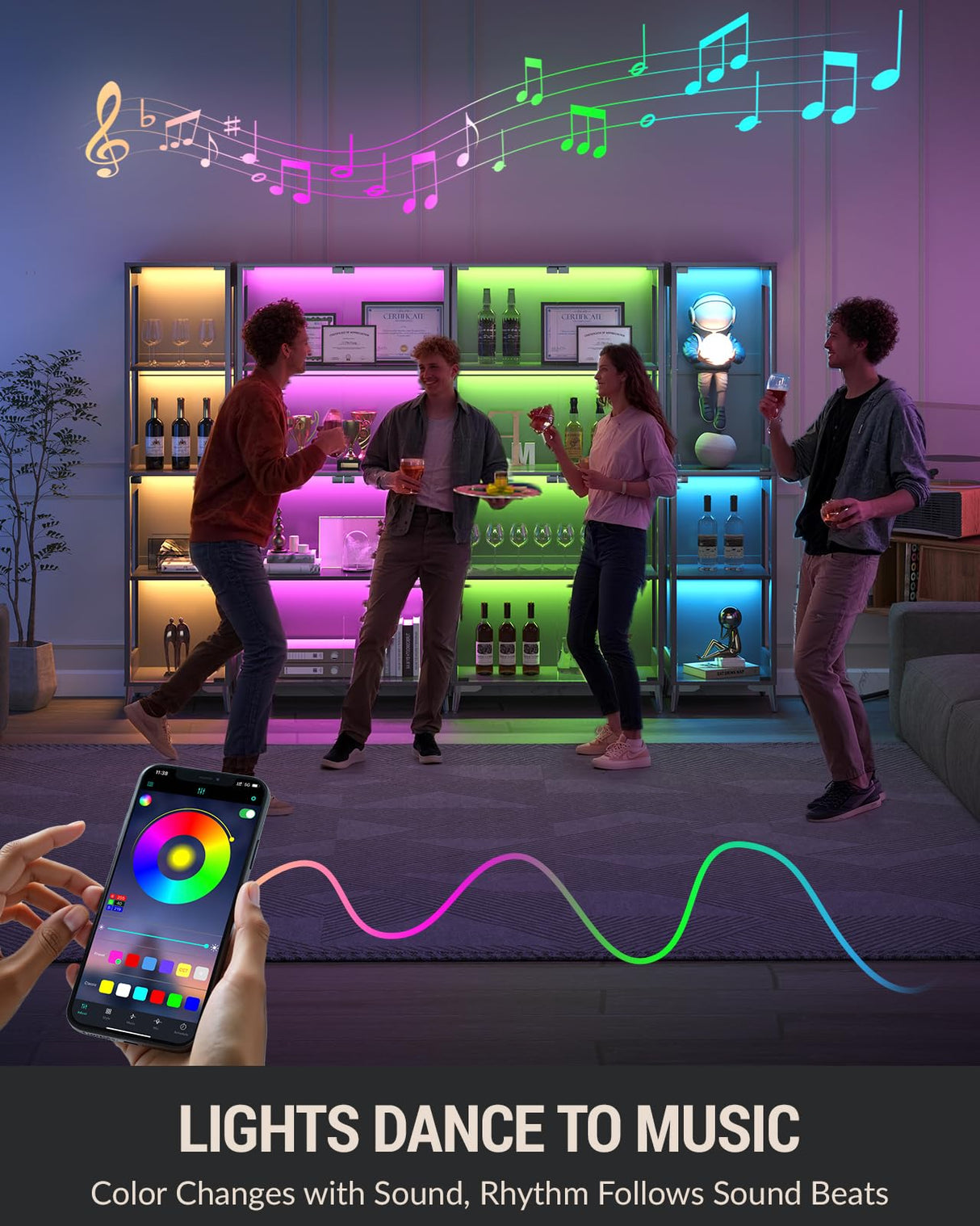 Glass Display Cabinet with Single Door, 4-Tier Display Case with Adjustable Shelves, RGB LED Lights with App & Remote Control, Metal Base Curio Storage Cabinet for Collectibles, Books, Living Room Zephome