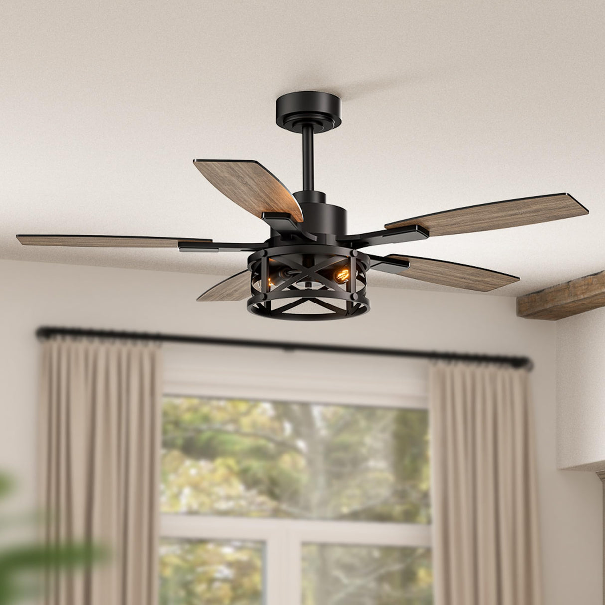 52 Inch Ceiling Fans with Lights and Remote & APP Control, Farmhouse Ceiling Fan with LED Lighting for Bedroom Living Room and Patio, Black Caged Ceiling Fan for Indoor and Outdoor(NO BULB) YouthDream