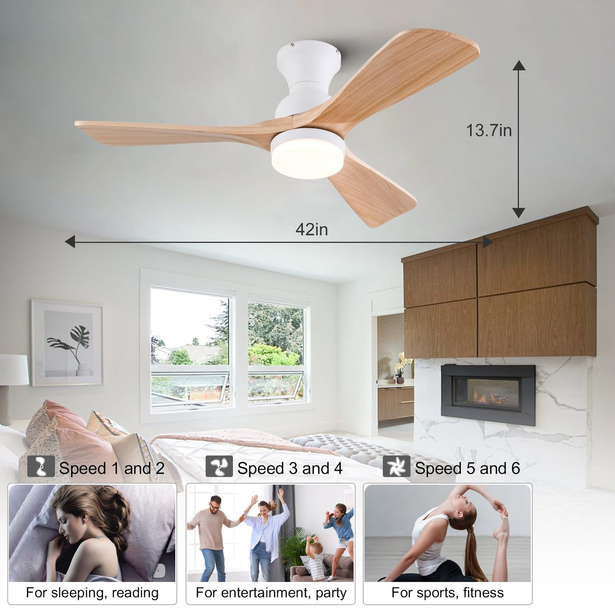 XBIBI 42 Inch Low Profile Ceiling Fan with Light and Remote, 6 Speeds DC Motor Flush Mount Ceiling Fan, 3 Color Temperatures Wood Hugger Ceiling Fans with Lights, Indoor Outdoor Ceiling Fans XBIBI