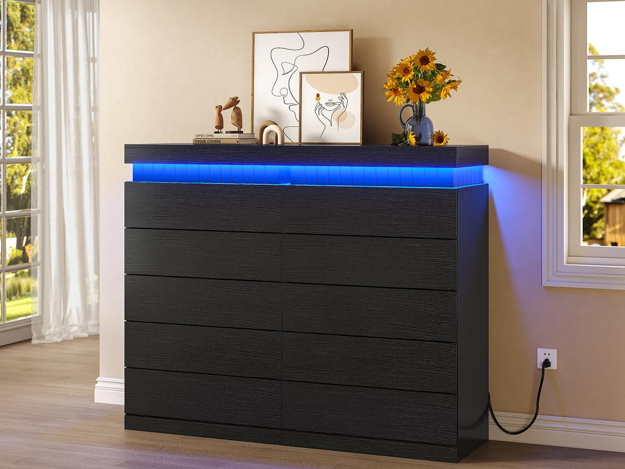 UPOSOJA Tall Black Dresser for Bedroom, Modern 5 Wood Drawers with LED Light and Power Outlet, Floating Dressers for Closet, Large Chest of Drawer for Living Room, Hallway, Entryway UPOSOJA