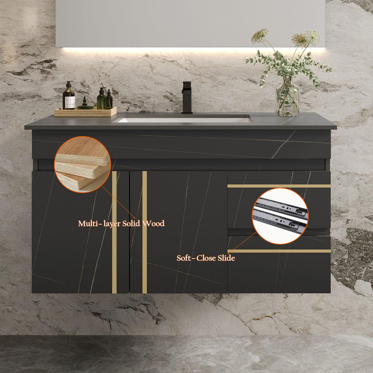 36 Inch Modern Wall Mounted Bathroom Vanity with Ceramic Sink Combo.Solid Wood Floating Bathroom Vanity Cabinet 2 Drawers and 2 Doors,Quick Assembly. Black. Glintee