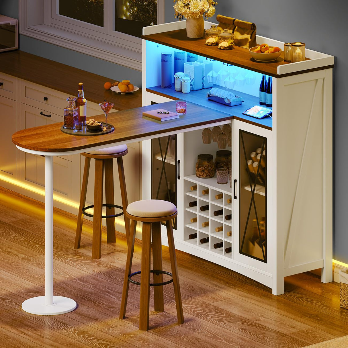 DWVO Home Bar Unit with LED Lights & Wine Cabinet, Farmhouse Bar Cabinet with Wine Storage, Mini Bar Table Coffee Cabinet with Glasses Holder Hanger Footrest for Home Kitchen Pub, White&Walnut DWVO