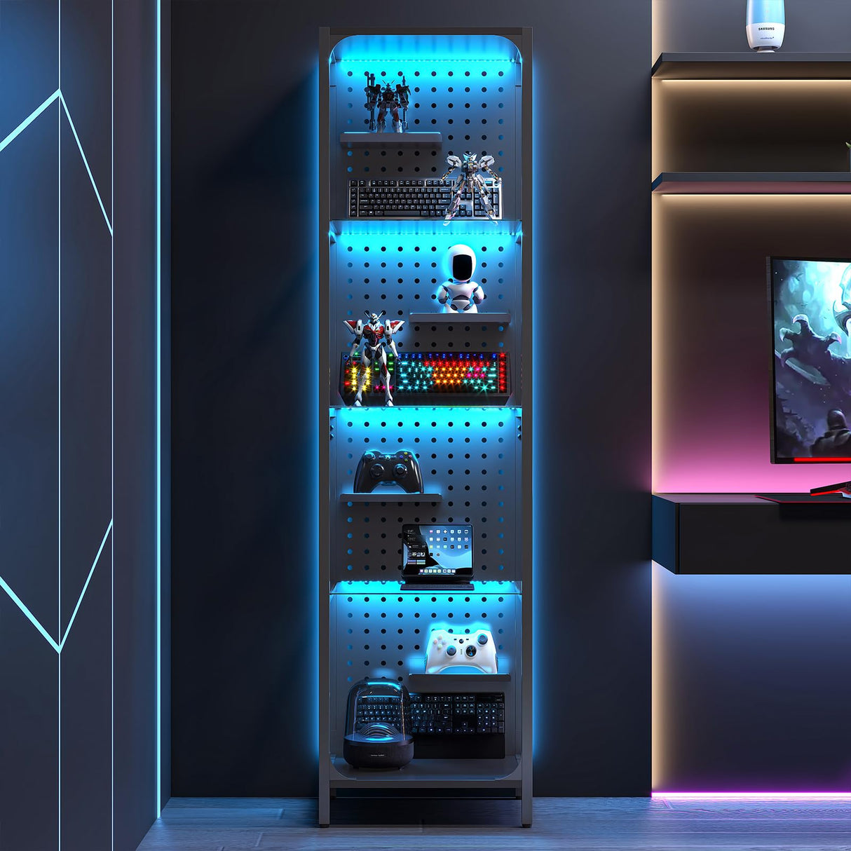 Saudism Glass Display Shelf for Collectibles, LED Black Shelf, Curio Cabinet, Lighted Tall Narrow Shelf with Pegboard Steel Frame for Gaming Room, Floor Lamp with Shelves, Living Room, Bedroom, Small Saudism