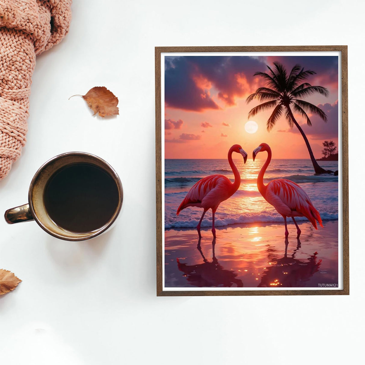 TUTUMAY21 Diamond Art Kit for Adults, Tropical Flamingos Sunset Beach Diamond Painting for Adults Beginners, DIY 5D Diamond Art Painting Kits Craft for Home Wall Decor 12x16 Inch Frameless TUTUMAY21