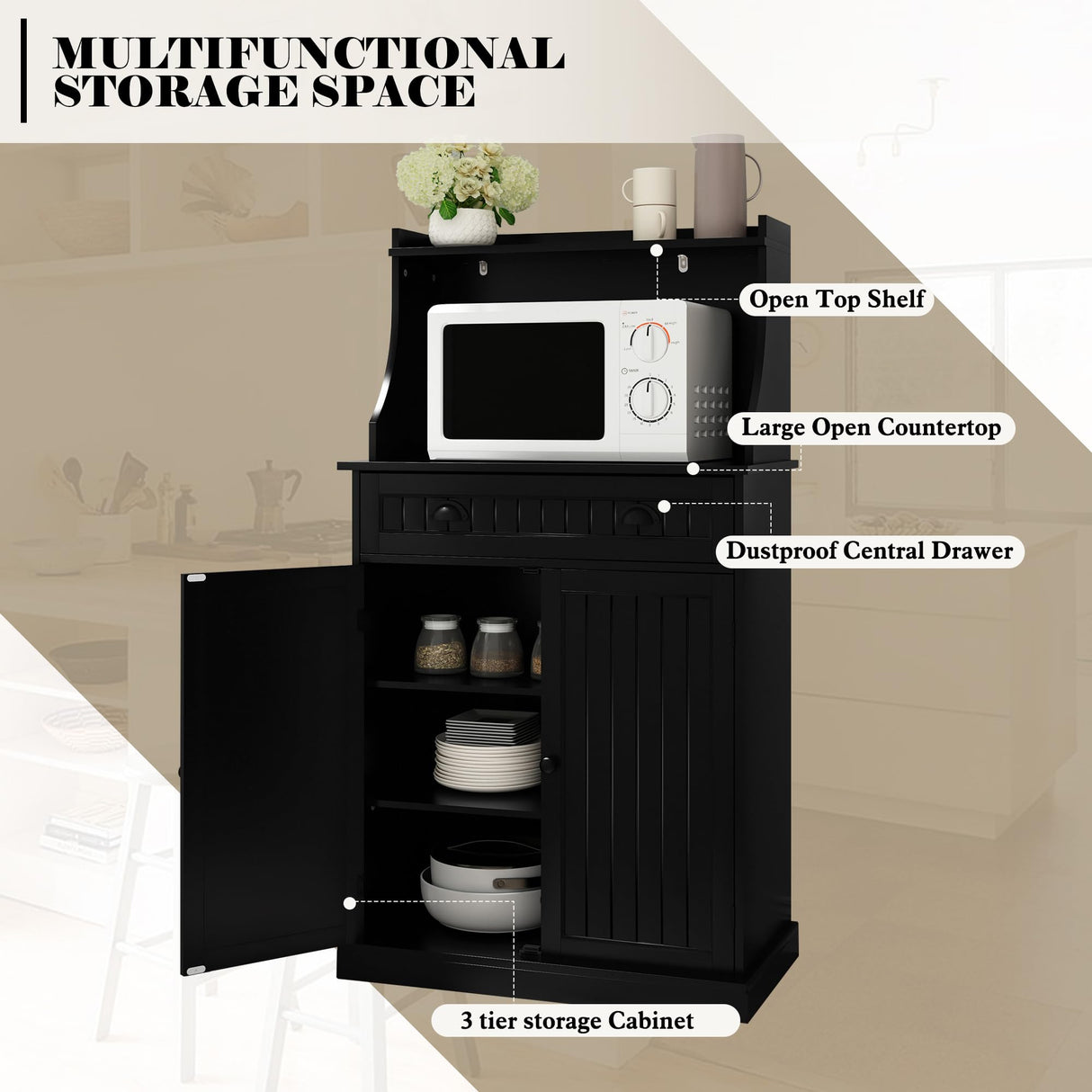 ARTPOWER 54" Kitchen Microwave Cabinet/Stand with Storage and Drawers, Pantry Storage Cabinet with Hutch & Adjustable Shelves for Kitchen, Dining Room, Living Room, Hallway in Black ARTPOWER