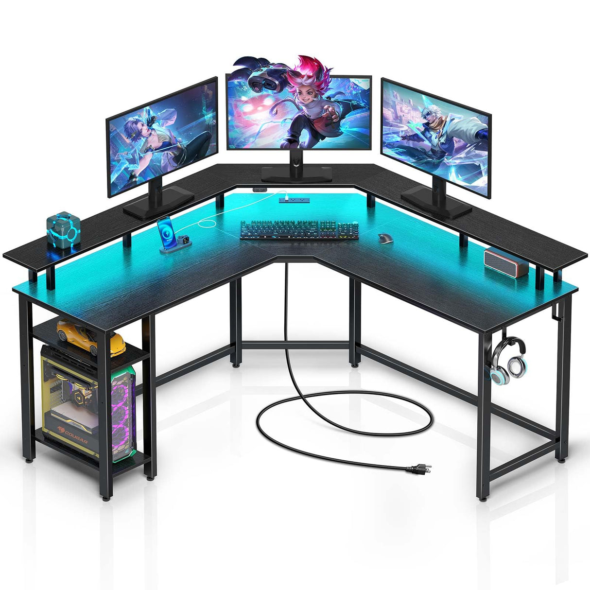 Rolanstar L Shaped Gaming Desk with LED Lights & Power Outlets, 53" Computer Desk with Full Monitor Stand & Storage Shelf, Corner Desk with Hooks, Black Desk Reversible Rolanstar