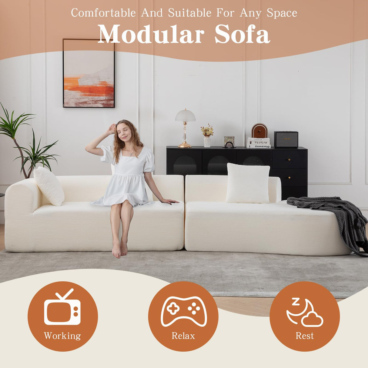 ClinQ 132-Inch Modern Style Curved Sofa, Upholstery Corduroy Sofa Couch with 3 Pillows, White ClinQ