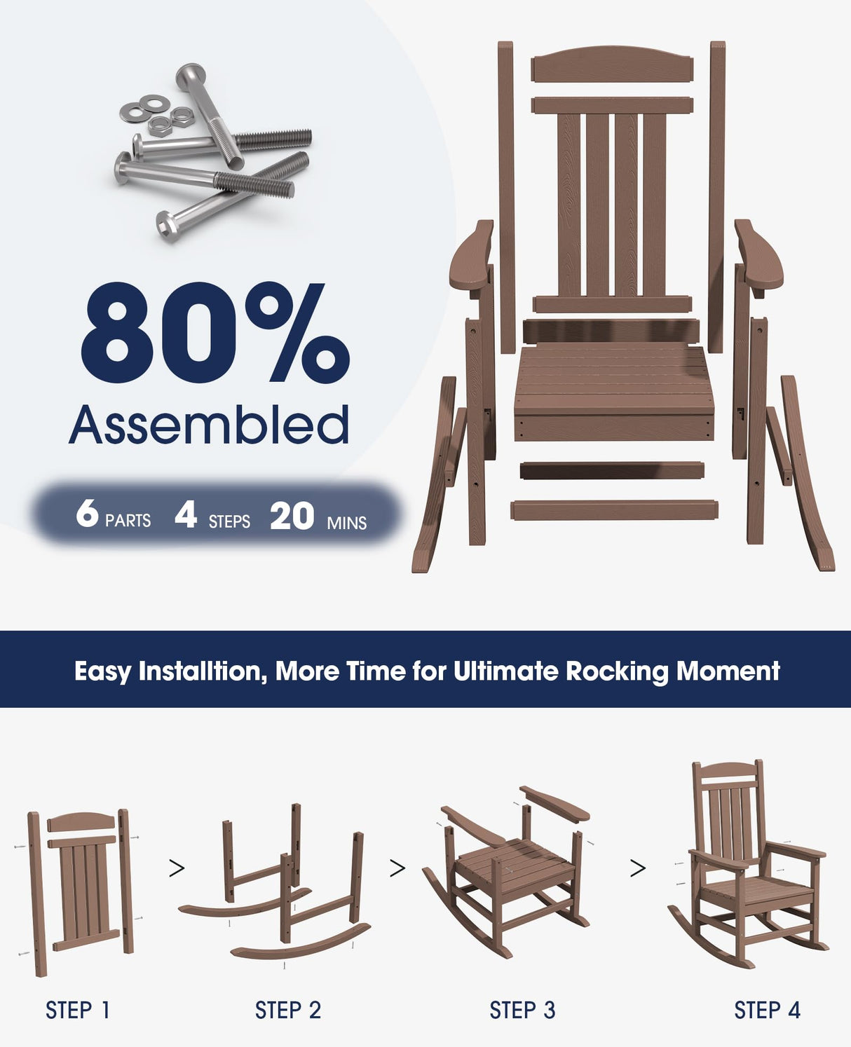KINGYES HDPE Rocking Chairs Outdoor, Patio Rocking Chairs with 330lbs Support, Smooth Porch Rocker for Deck Lawn Yard, Brown KINGYES