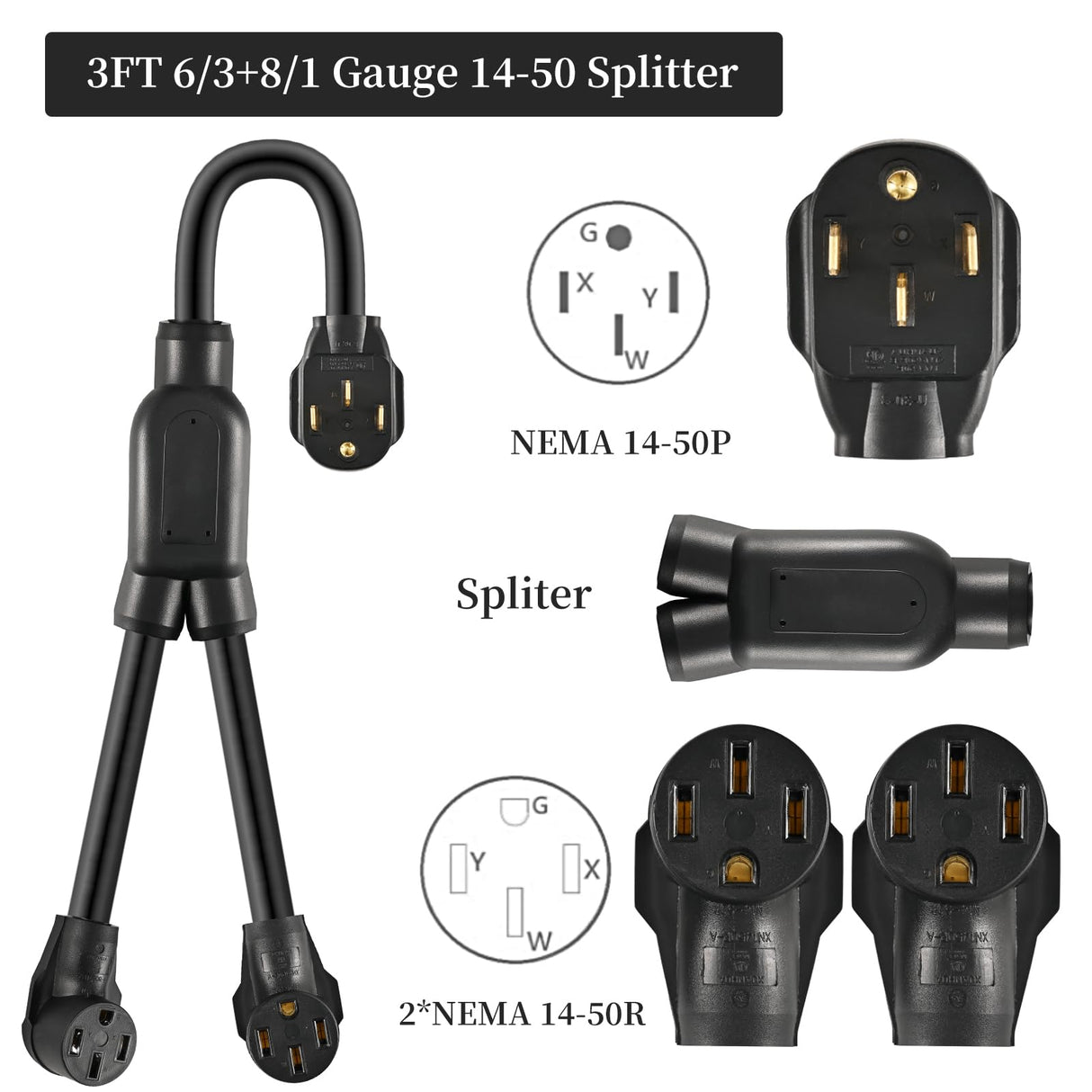 iFwevs 3FT 14-50P 4 Prong Splitter,14-50R Female Receptacle,6/3, 8/1 STW AWG Flexible Cable/14-50 Y Split Plug 50AMP RV Extension Cord Adapter iFwevs