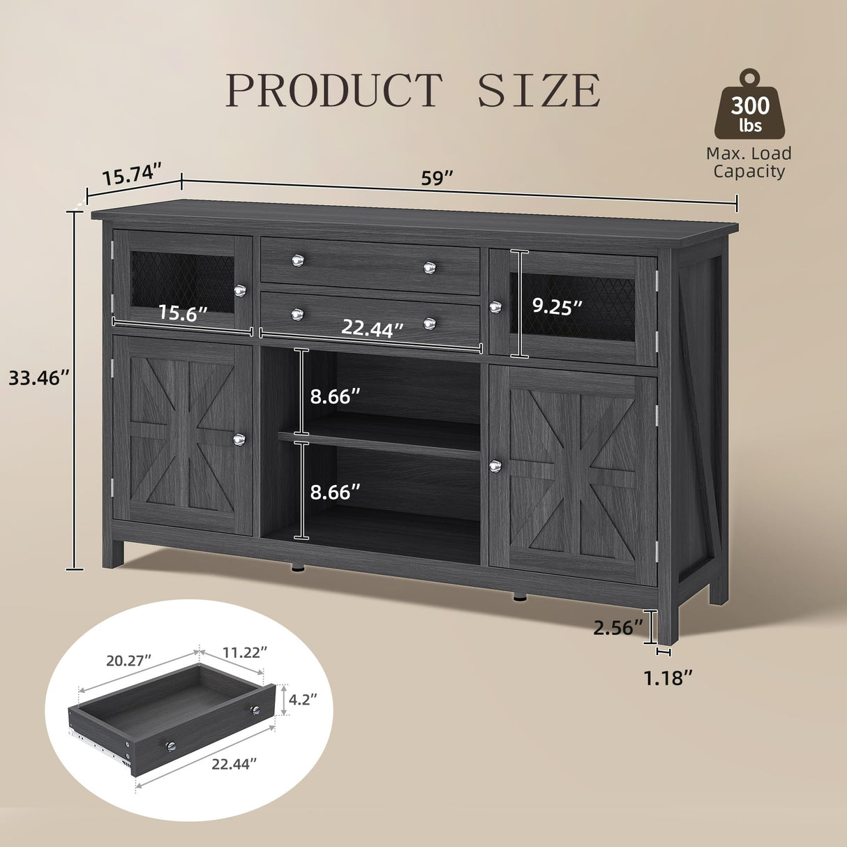 YITAHOME Farmhouse TV Stand for TVs up to 65", 59" Entertainment Center with 2 Large Drawers & Visual Grid Door, Rustic TV Media Console for Living Room, Dark Grey YITAHOME