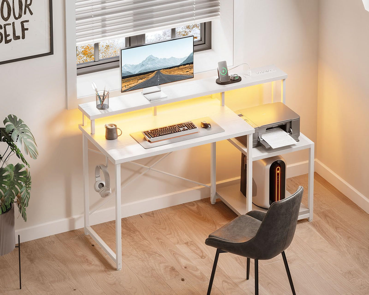 AODK Computer Desk, 48 Inch Gaming Desk with Led Lights & Power Outlet, Office Desk with Printer Storage Shelves, Reversible Desk with Monitor Shelf & Headphone Hook, White AODK