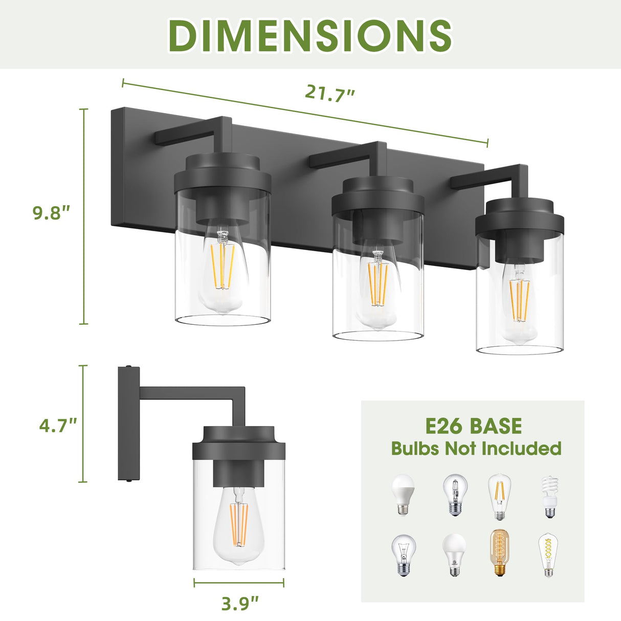 Espird Bathroom Vanity Light, 3 Light Matte Black Vanity Lights with Clear Glass Shade, 22in Modern Wall Sconces, Bathroom Lighting Fixtures Over Mirror for Living Room Espird