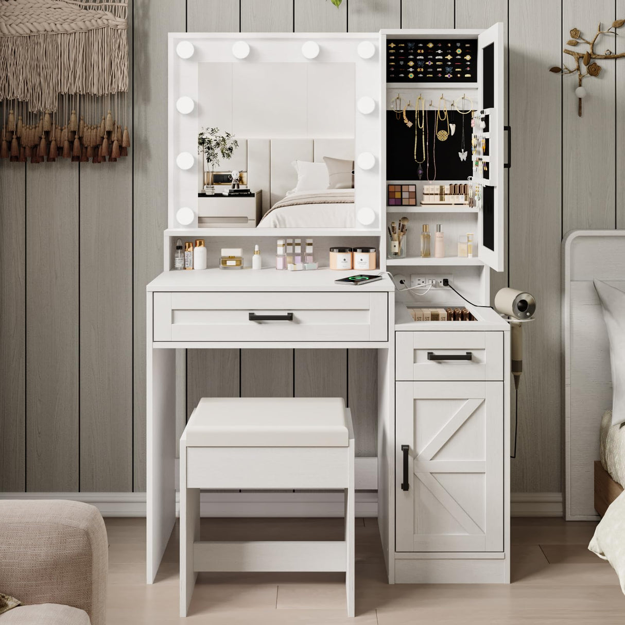 Fameill Vanity Desk with Mirror and Lights,Make up Vanity with Chair and Outlet,Dressing Table with Jewelry Cabinet, Bedroom Vanity with 2 Drawers, 3 Lighting Colors,36.4 inch,White Fameill