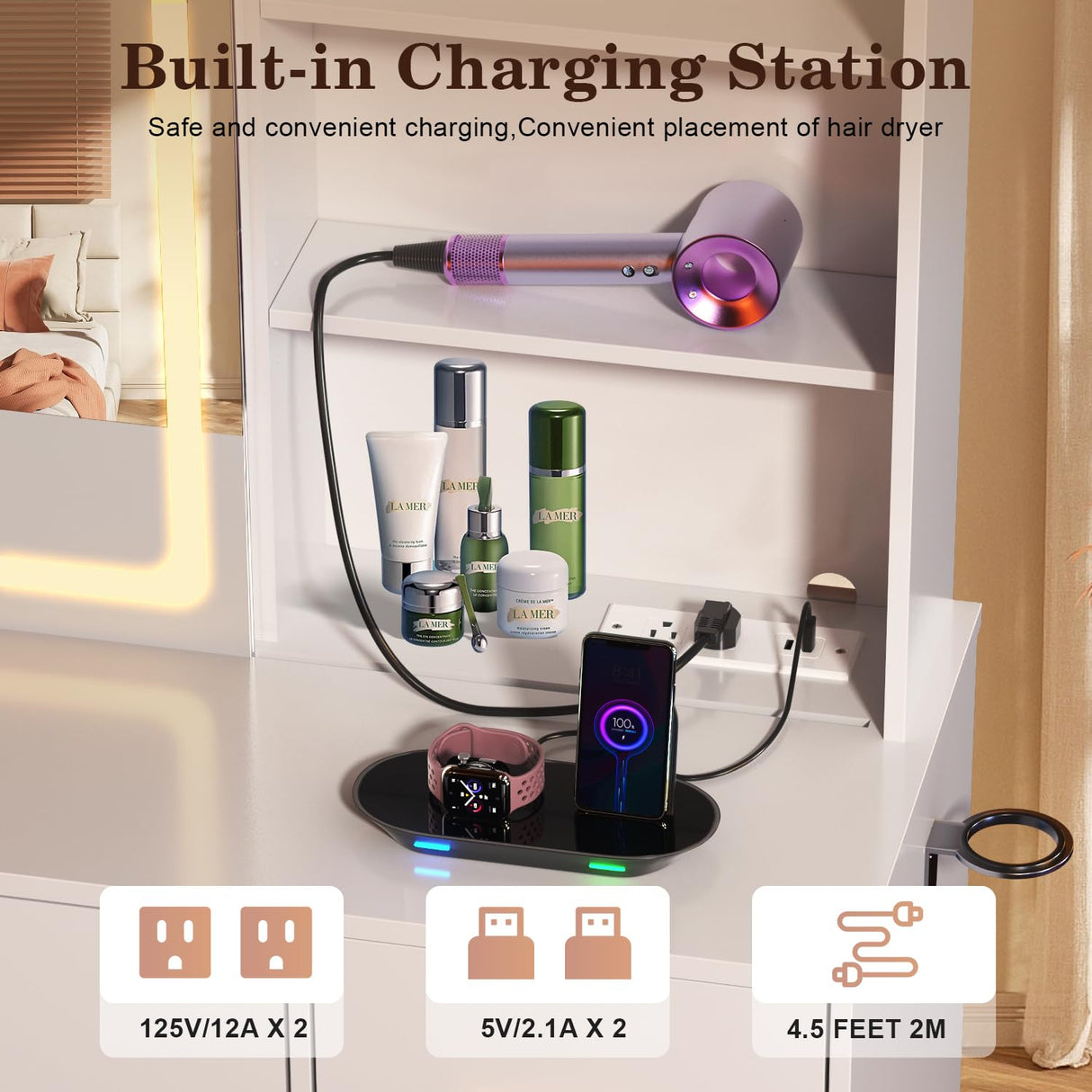 knoworld 47'' Large Vanity Desk with Mirror and Lights, 7 Drawers, 8 Storage Shelves Vanity Table, Big Makeup Vanity Desk with 3 LED Lighting Modes, Vanity Dresser with Outlet, Sliding Mirror (White) knoworld