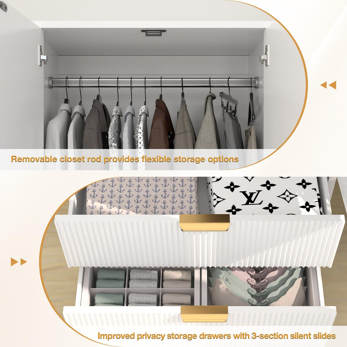 PPorfamilia 70" Wardrobe Closet with 2 Doors and 2 Drawers, Clothing Storage Cabinets with Hanging Rod, Modern Wooden Armoire Wardrobe Closet with Gold Handles for Bedroom Armoires Laundry PPorfamilia