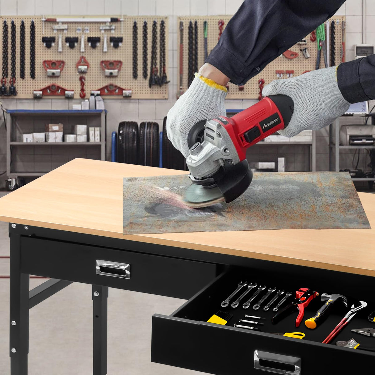 60'' Adjustable Workbench with Drawers,2000 Lbs Capacity Heavy Duty Work Benches for Garage,Wood Work Bench with Power Outlet,Work Tables for Shop Office Home Commercial FORJAMINT