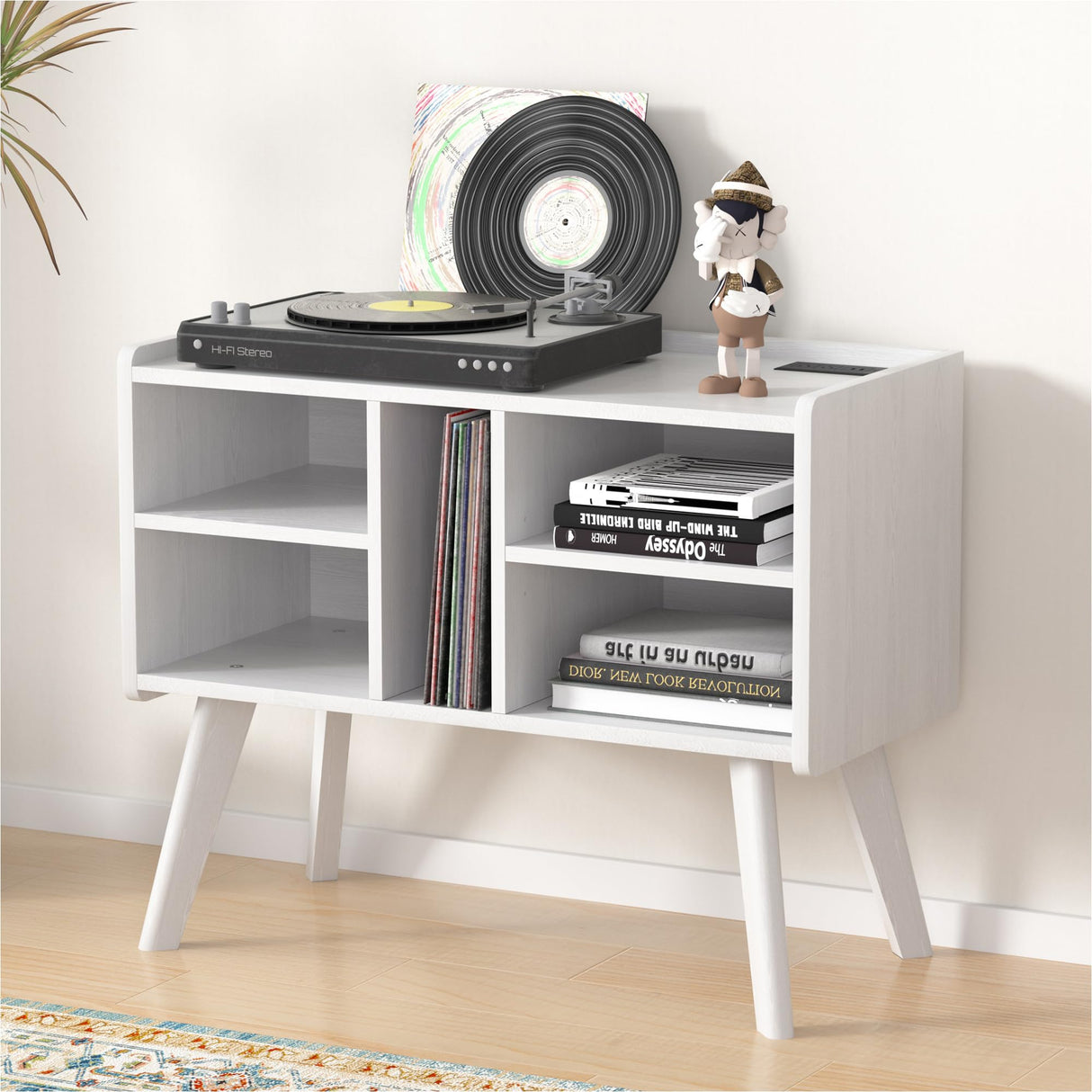 Forevich Record Player Stand Table with Vinyl Storage Holder Large Turntable Record Stand with Power Outlet Holds Up to 220 Albums Display Shelf Cabinet with Wood Legs for Living Room White Forevich