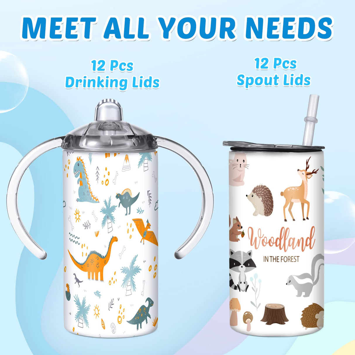 12 Sets 12 oz Sublimation Blanks Sippy Cups for Toddlers Insulated Stainless Steel Kids Sublimation Tumbler Cups with Lids and Straws, 2 Heat Tape, 12 Polymer Sublimation Coating, Coaster, Brush Zubebe