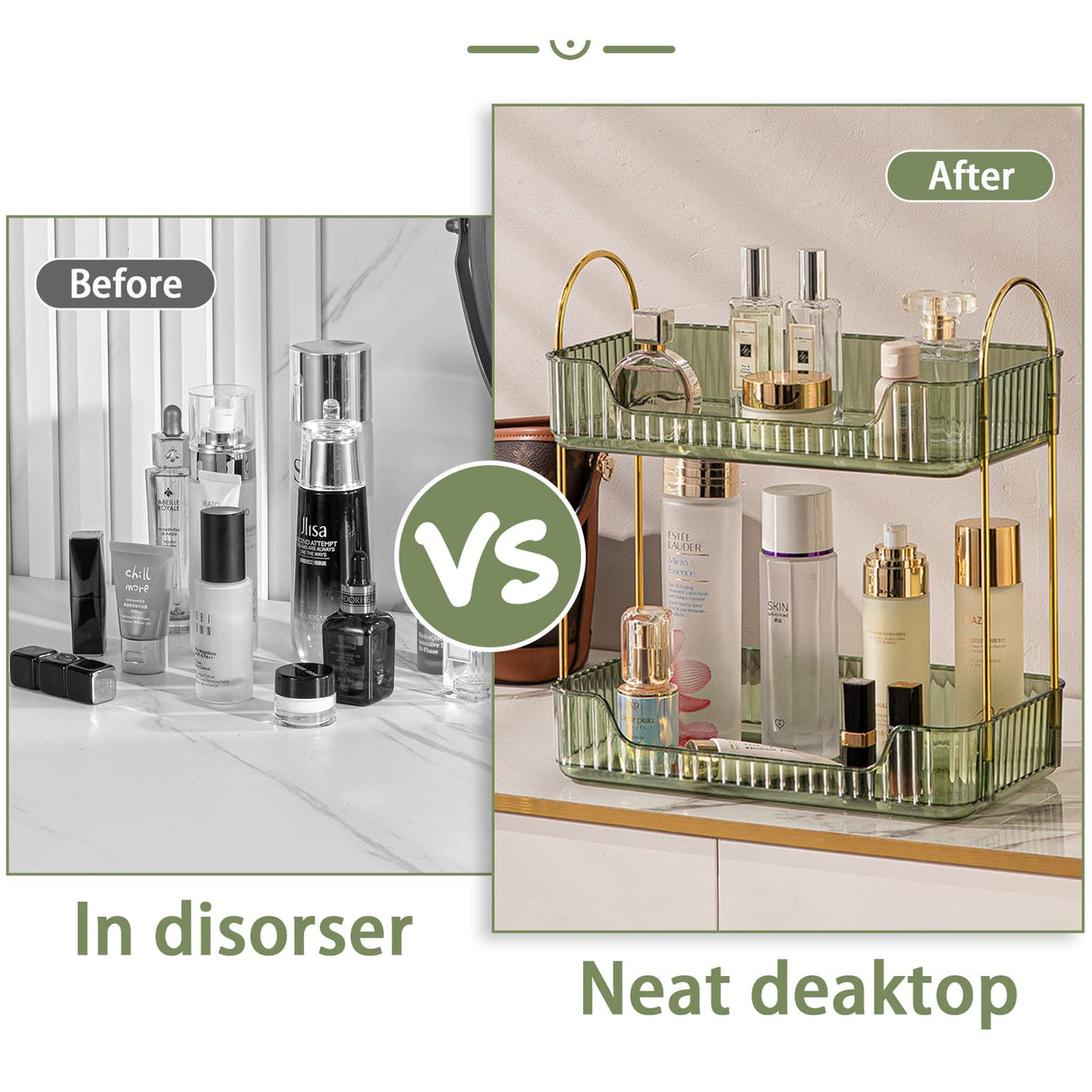 shuang qing Bathroom Counter Organizer Countertop Storage, Cosmetics Skincare Shelf, Makeup Organizer Perfume for Dresser Vanity Tray, Spice Rack for Kitchen(2 Tier-Green) shuang qing