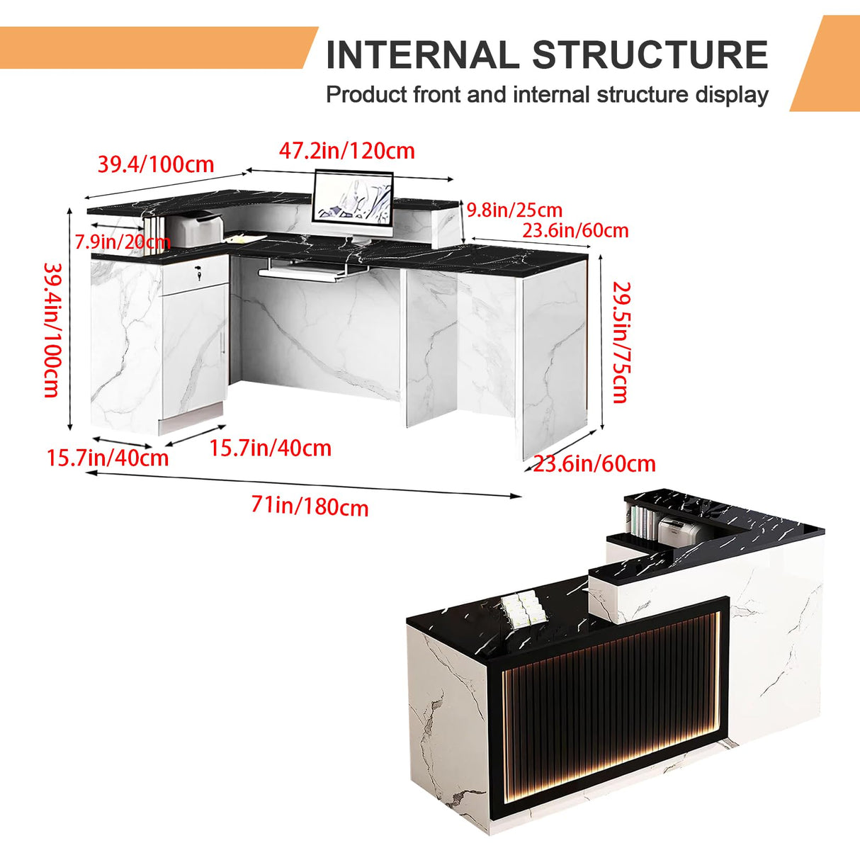 Modern Reception Desk with LED Lights L Shaped Office Front Desk Counter Black and White Reception Table Retail Checkout Counter for Shop Salon Lobby Right Corner 180cm/71inch Generic