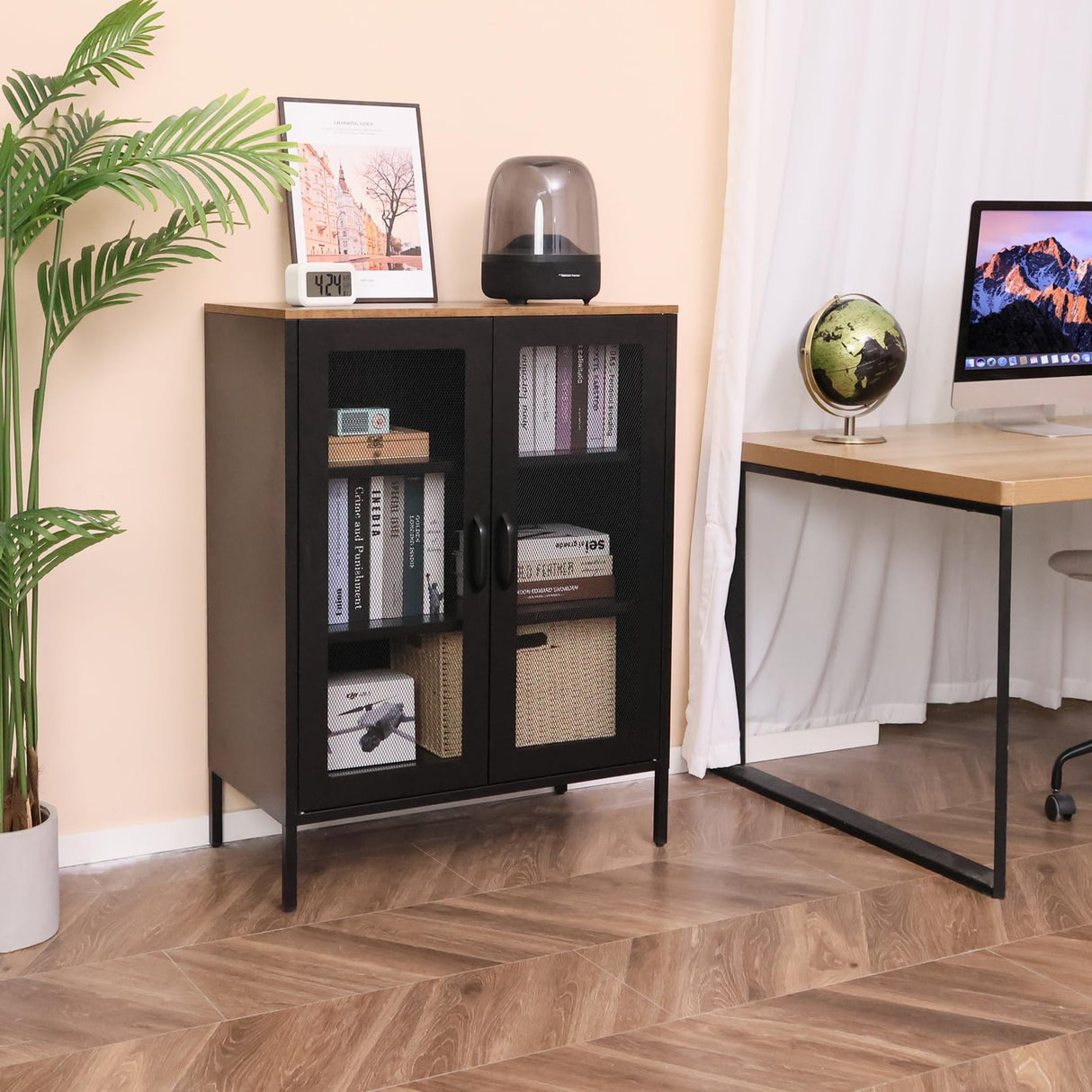 ALBAD Metal Storage Cabinet with Mesh Doors and Adjustable Shelves, Free Standing Sideboard Buffet Cabinet for Kitchen, Living Room, Dining Room, Home Office (Black) ALBAD