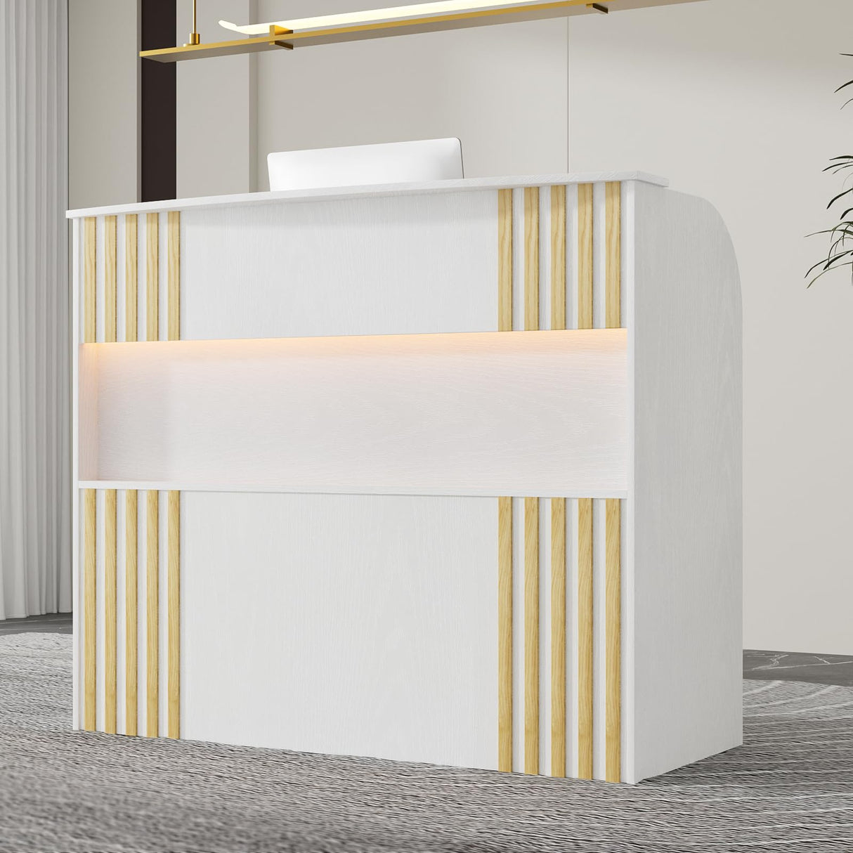 VOWNER Modern Reception Desk with Storage Drawers, 39.4" H Office Counter with LED Lighting, Secretary Desk with Power Outlets – Front Desk for Salon, Lobby – White (47.2" W x 18.9" D x 39.4" H) VOWNER