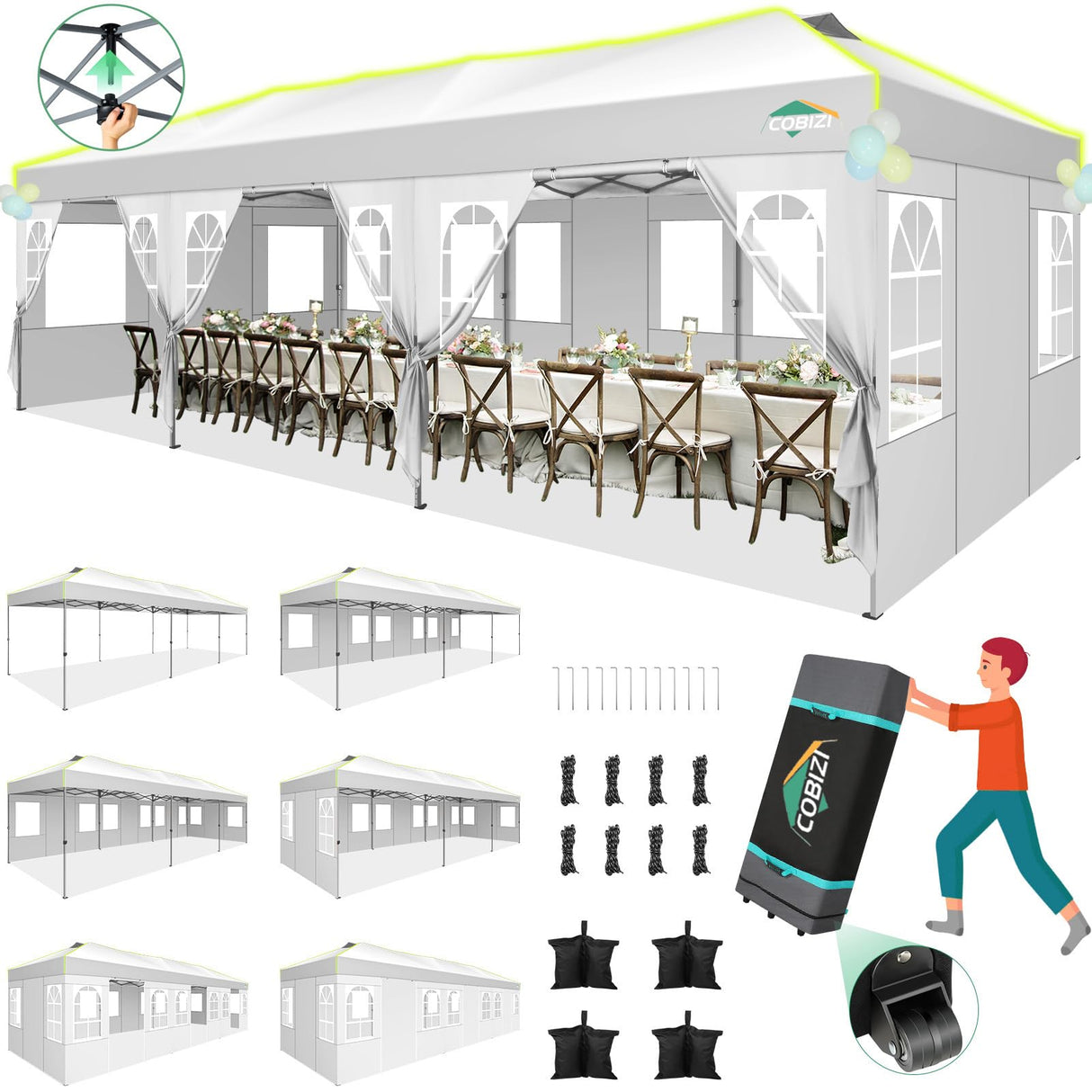 COBIZI 10x30 Pop Up Canopy with 8 Sidewalls, Canopy Tent for Parties, One Push Waterproof Commercial Wedding Canopy with Air Vent, UPF50+ Ez Outdoor Gazebo, Roller Bag, Sandbag, Stakes, Ropes, White COBIZI
