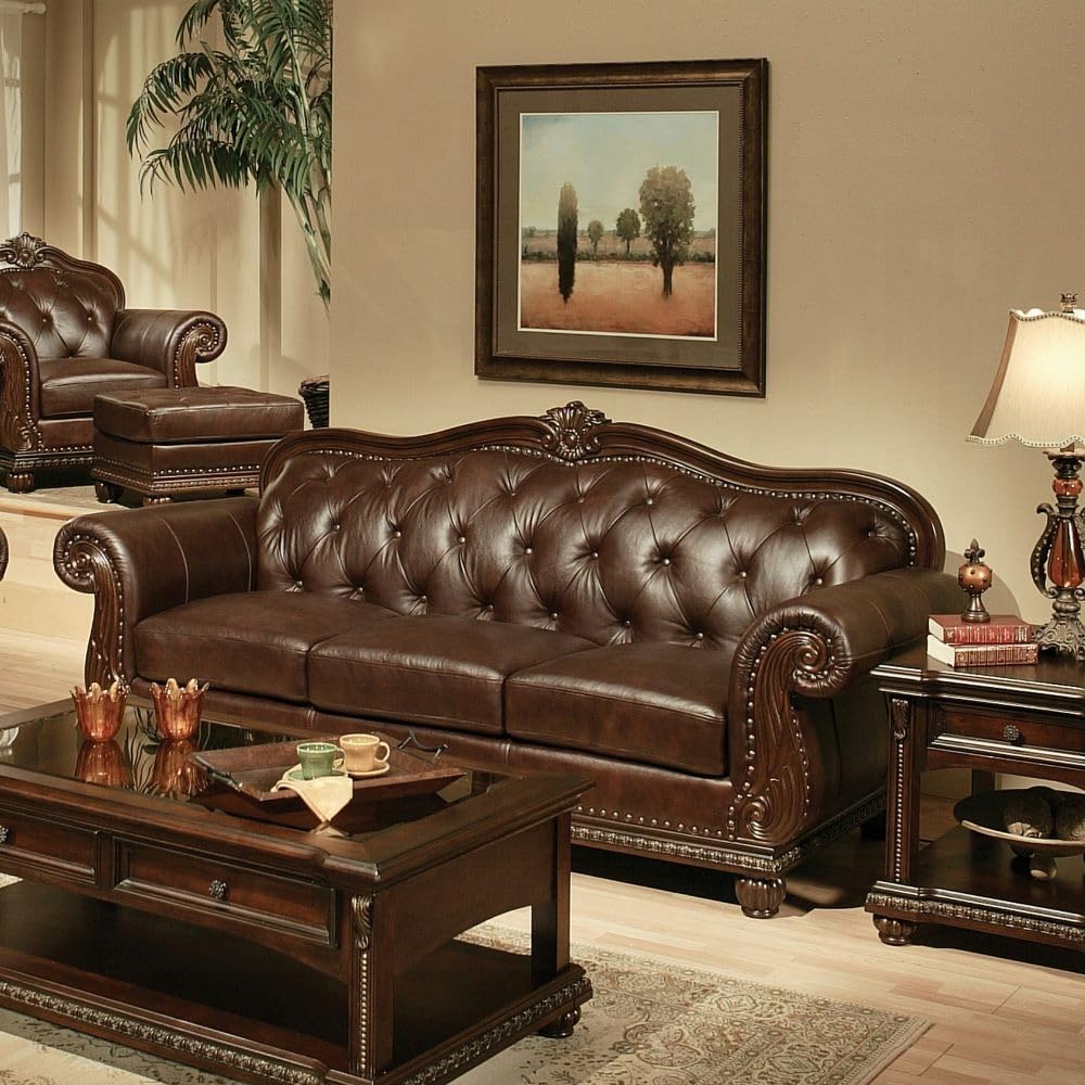 Top Grain Leather Traditional 4-Piece Formal Living Room Set: Luxury Sofa, Loveseat, Single Chair and Coffee Table, Espresso Match with Cherry Finish, Button Tufted Back & Nailhead Trim Generic