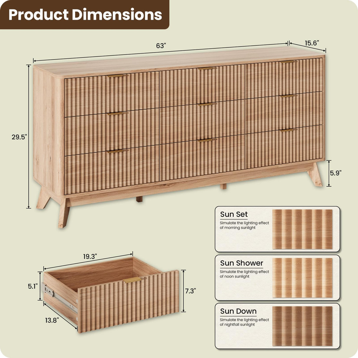 TROJM 63'' Wide 9 Drawers Dresser for Bedroom,Modern Fluted Vertical Chest with Rounded Corners,Fluted Dresser for Living Room,Hallway, Natural Wood TROJM
