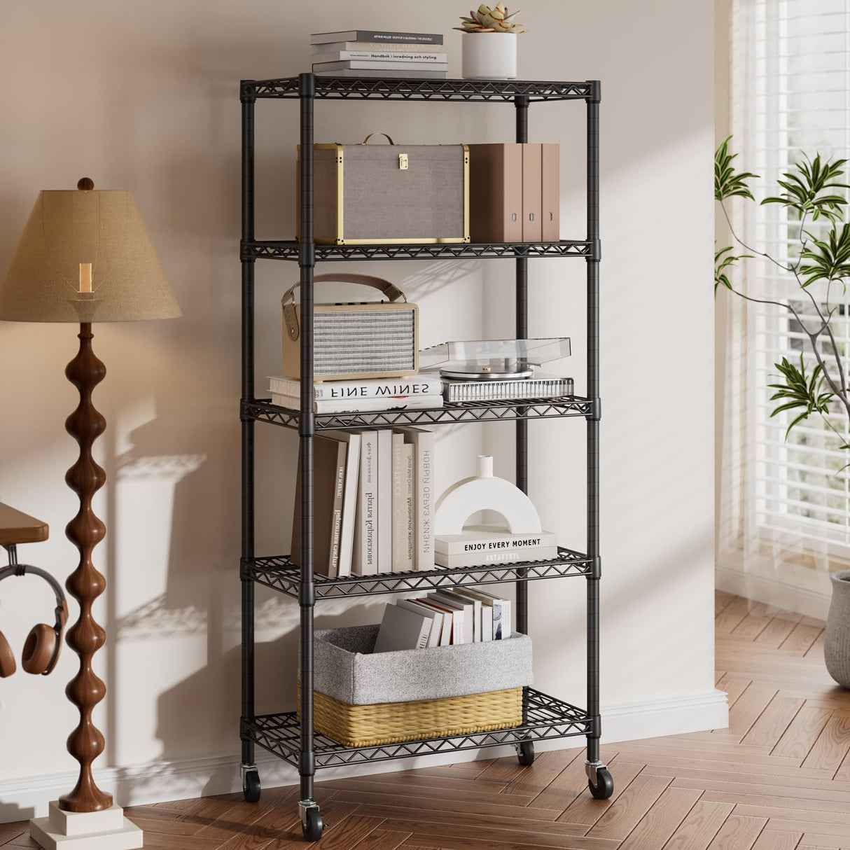 SINGAYE 5 Shelf Adjustable Heavy Duty Storage Shelving Unit with Wheels Steel Organizer Wire Rack Shelves Bathroom Organizers and Shelf Wire Closet Metal Pantry Kitchen Garage 14" DX30 WX70 H Black SINGAYE