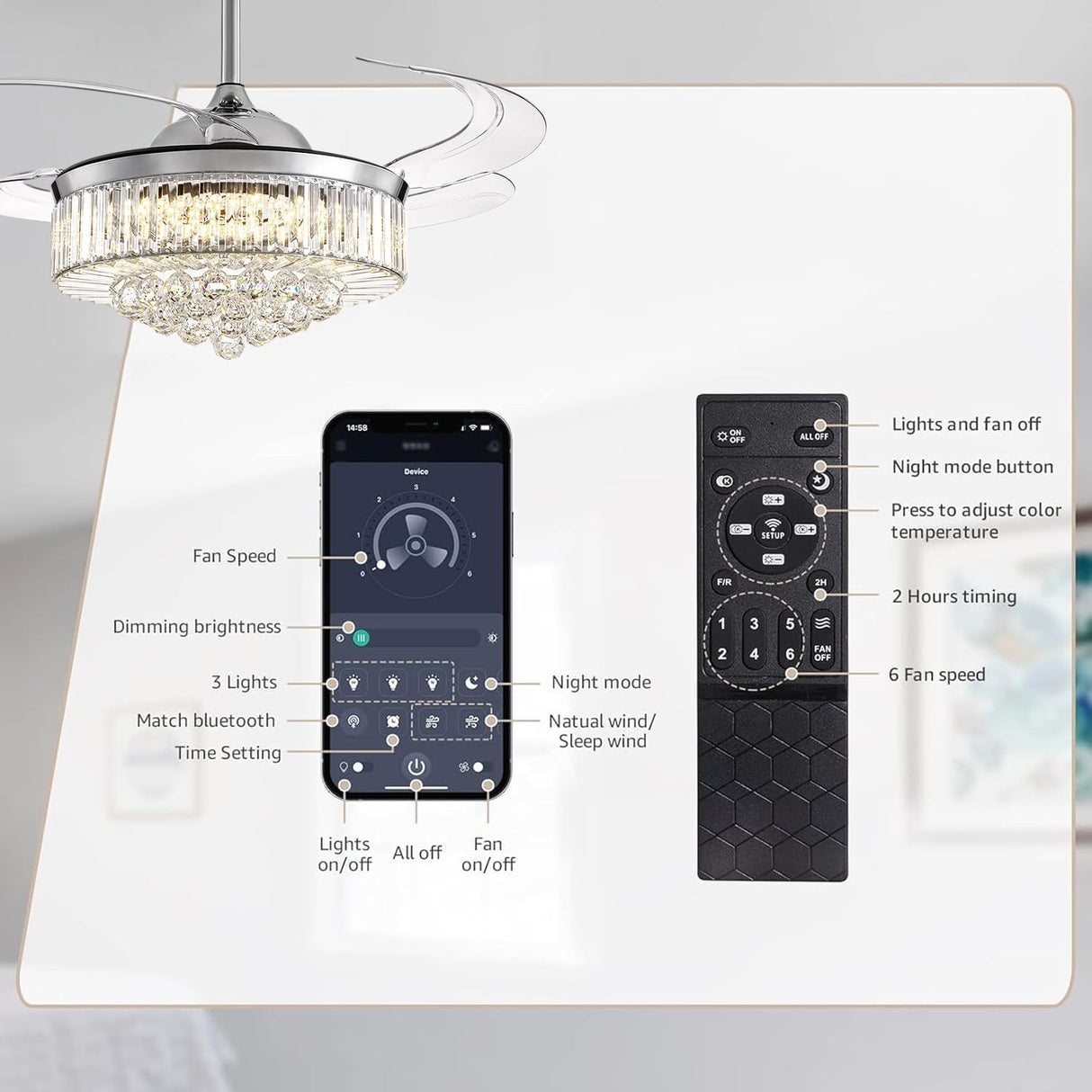 NOXARTE 48 Inch Crystal Chandelier Ceiling Fan with Light Fandelier Ceiling Fan with Light Retractable Blades Fan with Remote Control 48" Dimmable Fandelier for Bedroom Living Room NOXARTE