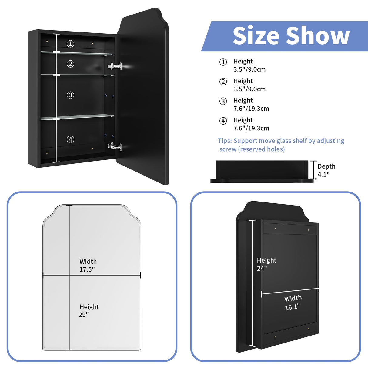 AGDULL Victorian-Style Recessed Bathroom Medicine Cabinet, Storage Cabinet, Bathroom Wood Wall Cabinet with Curved Mirror, Black, 17.5x29 Inch AGDULL