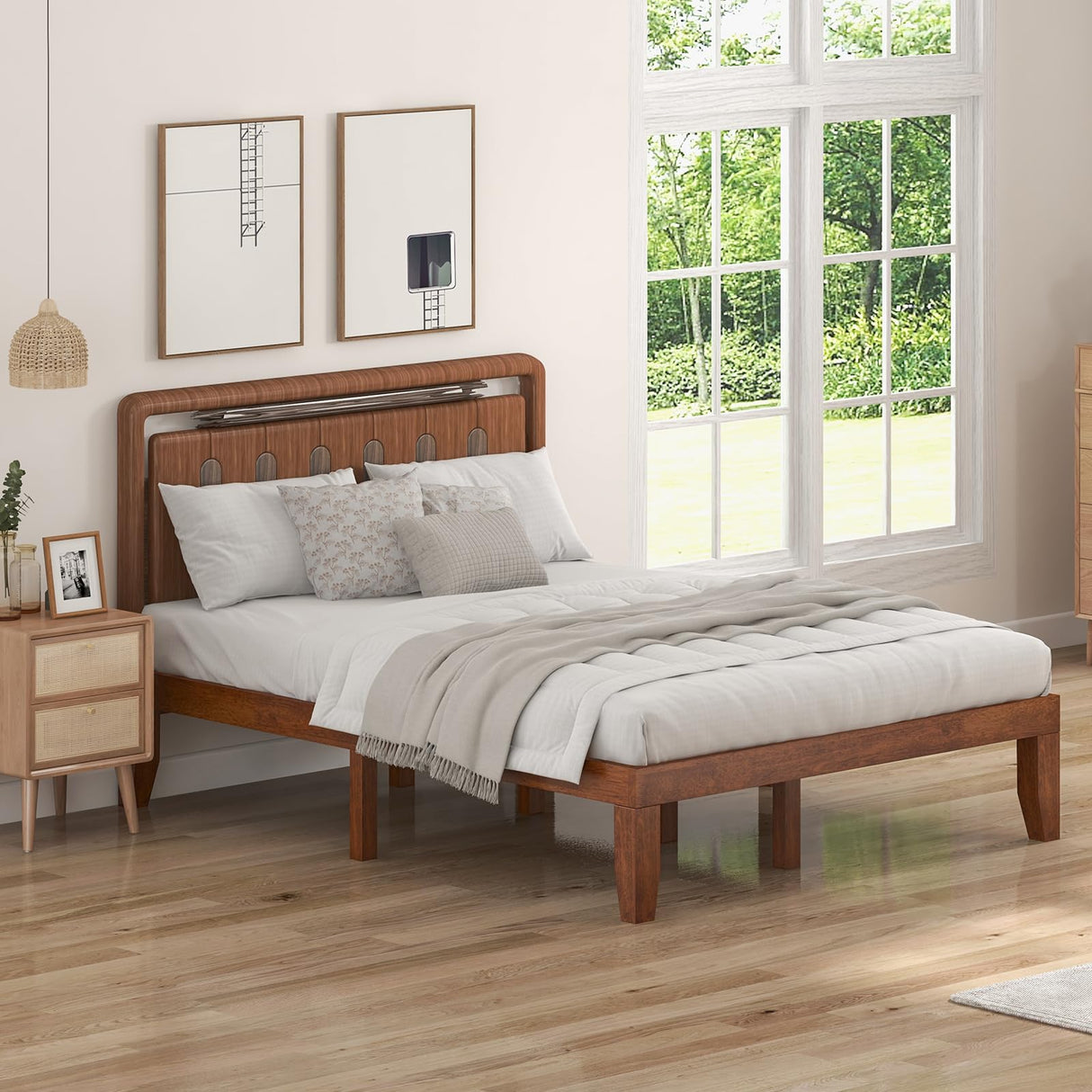 KOMFOTT 14-Inch Brown Cherry Solid Wood Platform Bed Frame with Under-Bed Storage KOMFOTT