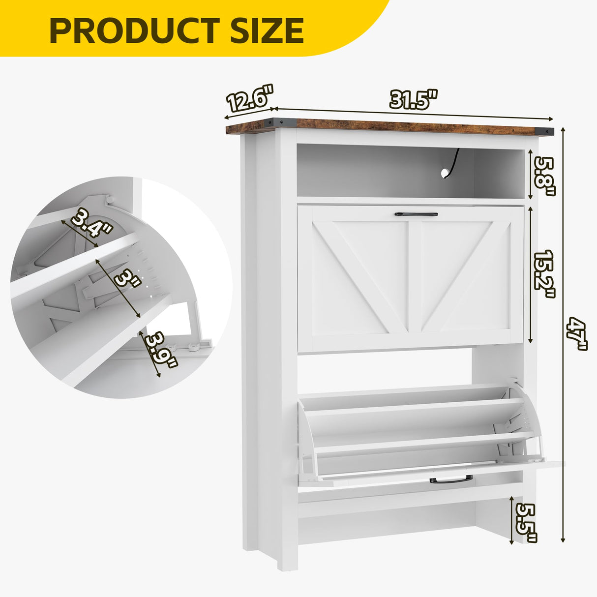 MU Shoe Cabinet with 2 Flip Drawers & Open Storage Space, Entryway Shoe Storage Cabinet with LED Light, Hidden Shoe Organizer for Entryway, White MU