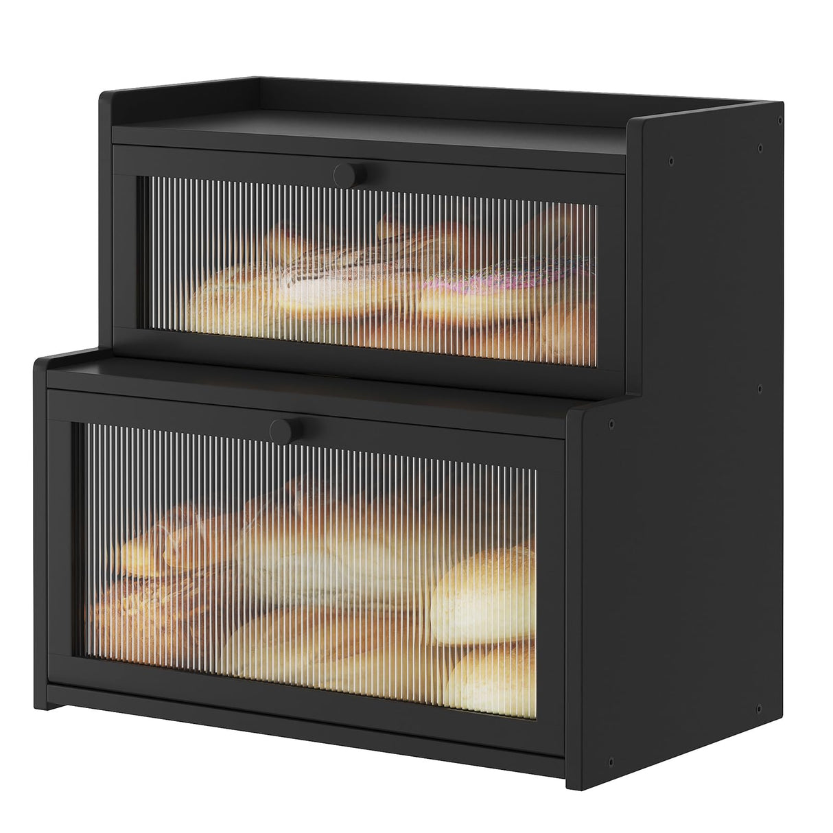 Furshus Double Layer Bamboo Bread Box for Kitchen Counter, Countertop Bread Storage Container, Bread Container Bread Storage with Window Bread Holder (Black) Furshus