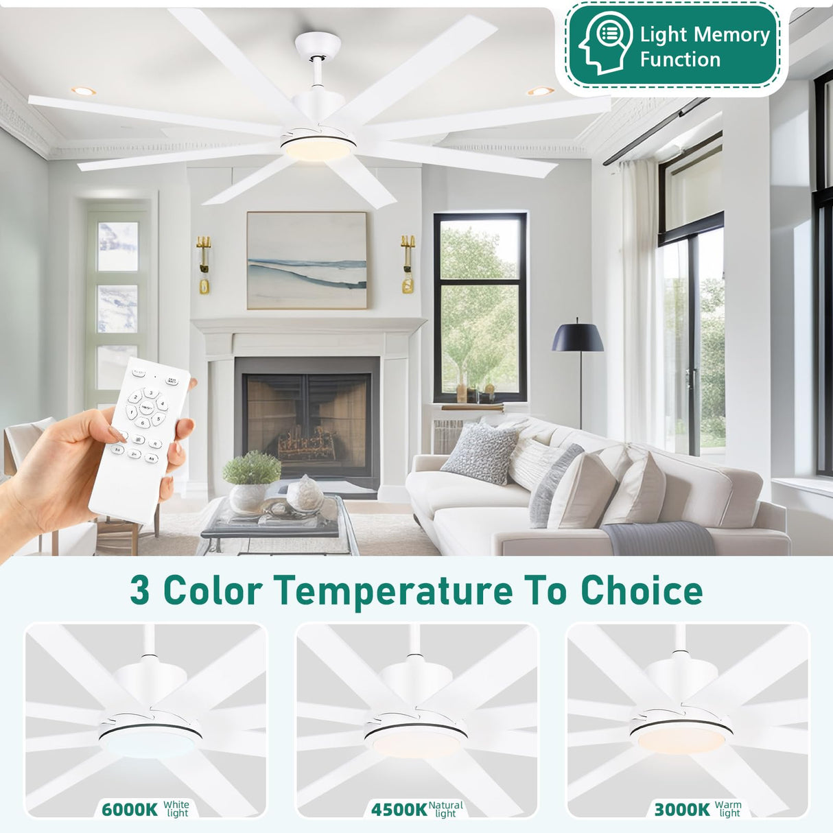 YITAHOME 72 Inch Ceiling Fans with Lights and Remote Control for Indoor/Covered Outdoor, Reversible Quiet DC Motor, 8 Blades with 6 Speed, Modern Ceiling Fans for Living Room -White YITAHOME