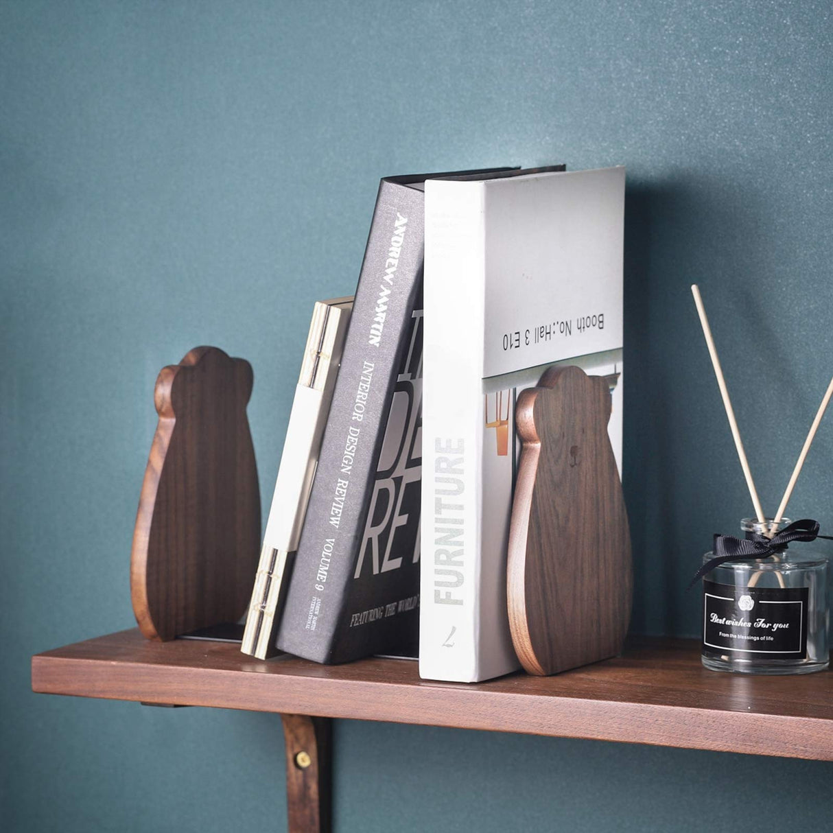 Muso Wood Bookends for Shelves, Decorative Book Ends for Children, Non-Skip Wooden Bookends for Office/Home/School (Walnut 1 Pair) muso wood