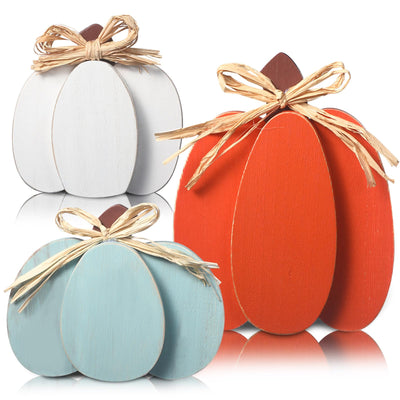 Faccito 3 Pcs Fall Decorations Wooden Pumpkin Signs Thanksgiving Table Centerpieces Autumn Tiered Tray Decorations Farmhouse Pumpkins Block with Straw Bow for Home Mantel Harvest Party(Rustic Color)